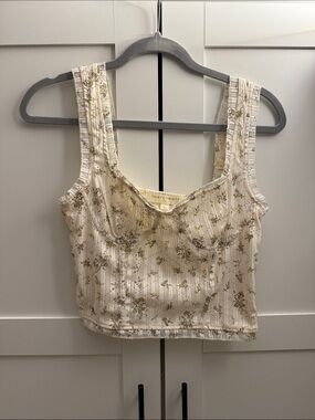 Cream Floral Ribbed Tank Top